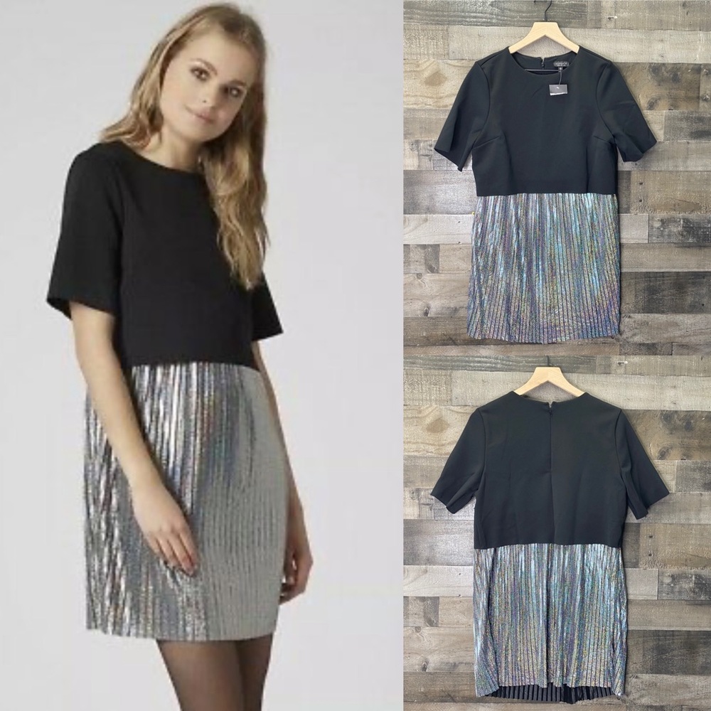 NWT TOPSHOP Black Pleated Metallic Skirt Dress
